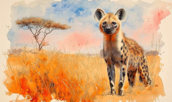 Watercolor painting of an African hyena in the savannah. Selective focus.