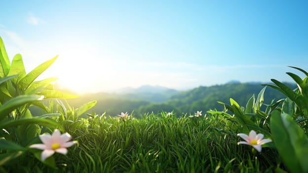 serene landscape featuring lush green grass and blooming flowers under bright sky.