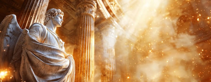 Majestic angel statue in grand architectural setting with light.