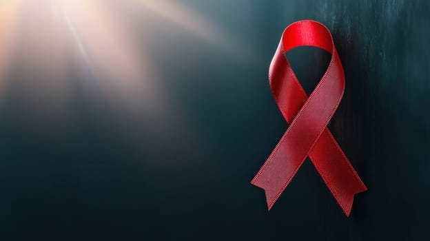 red ribbon symbolizing awareness and support for important causes, illuminated by soft light. This evokes sense of hope and solidarity.