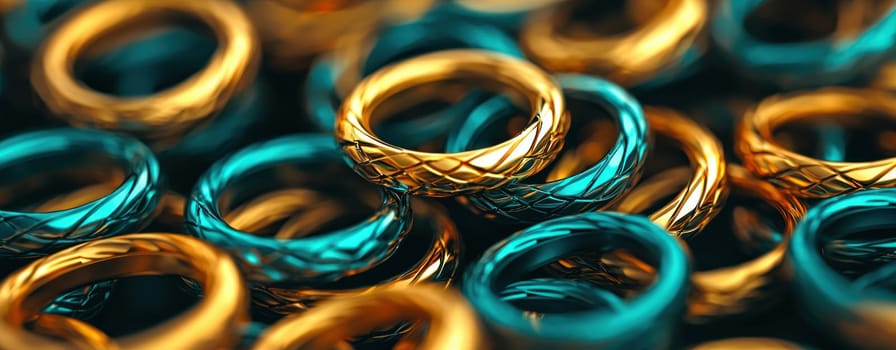 Interconnected golden and teal rings create stunning visual display.