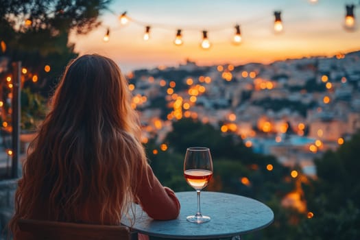 person unwinding on balcony with glass of wine, enjoying sunset view over city filled with lights. atmosphere is serene and relaxing.