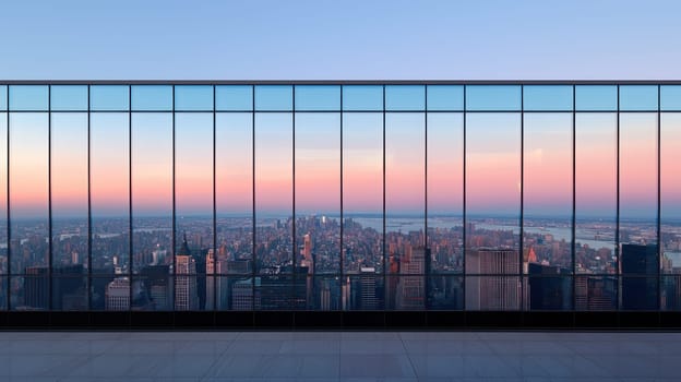 stunning view of city skyline through tall glass windows at sunset.