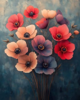 Delicate anemones flowers on a light background, in a vintage style. Selective focus.
