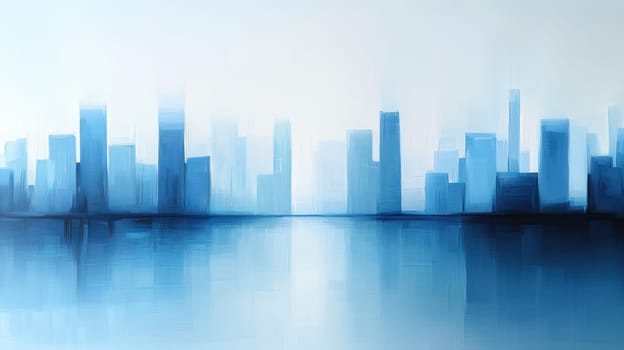 serene cityscape with tall buildings reflected in calm waters creates tranquil atmosphere.
