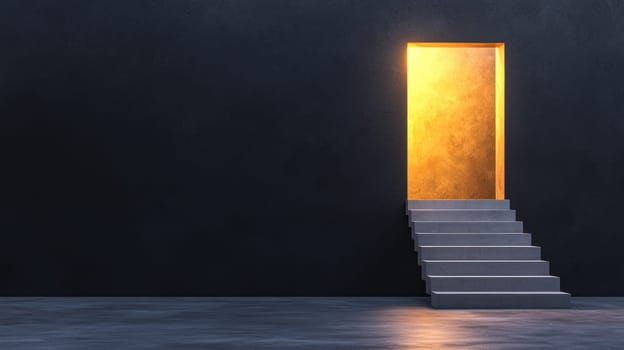 sleek modern staircase leads up to inviting open door, creating warm atmosphere.