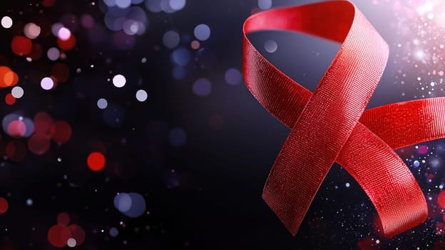 vibrant red awareness ribbon symbolizes support and hope, set against dark background with glowing bokeh lights. This evokes sense of unity and compassion.