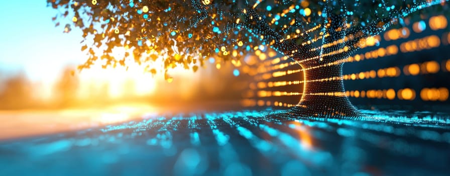 tree canopy illuminated by futuristic energy data points, creating vibrant scene.