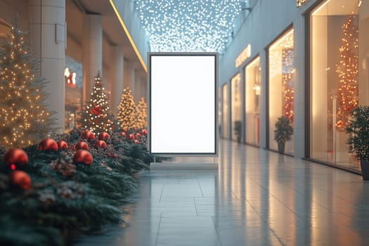 festive shopping mall decorated with Christmas lights and trees, featuring blank white menu board. atmosphere is warm and inviting, perfect for holiday shopping.