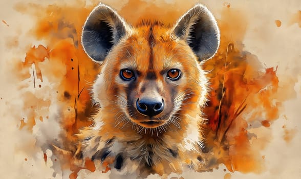 A watercolor painting of an African hyena against a light background. Selective focus.