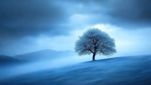 lone tree stands in misty blue field under cloudy sky, evoking tranquility.
