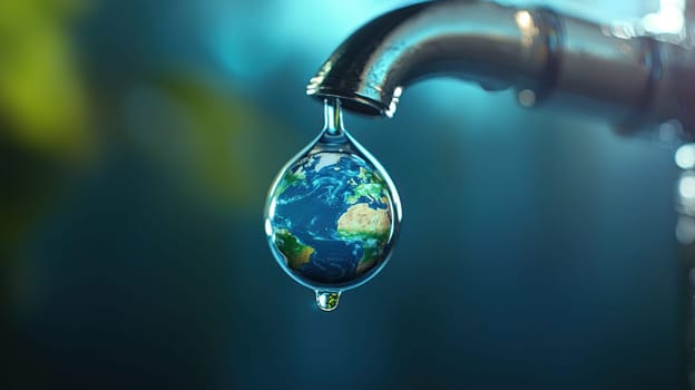 water tap drips droplet that reflects tiny planet, creating captivating visual of Earth. scene evokes sense of wonder and environmental awareness.