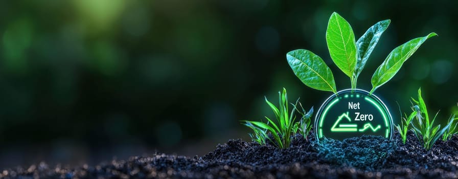 Net Zero symbol with green leaves growing in soil, representing sustainability.