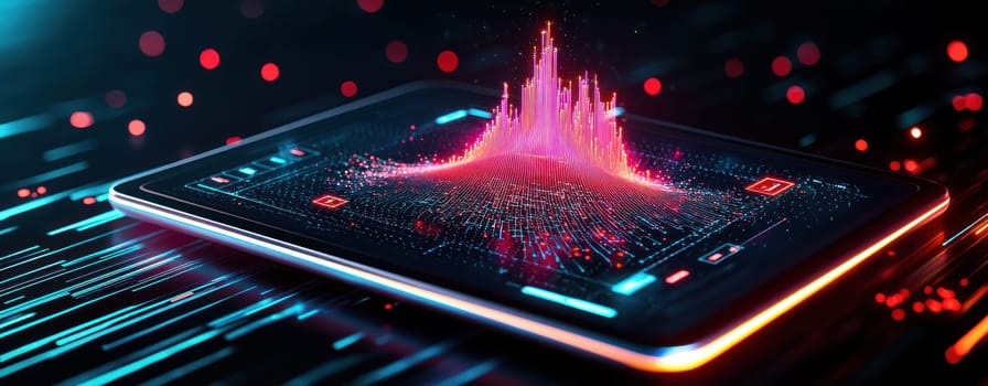 Stylized digital data visualization on tablet screen, showcasing vibrant colors and dynamic.
