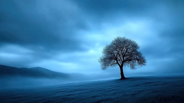 solitary tree stands in misty blue field under cloudy sky, evoking tranquility.
