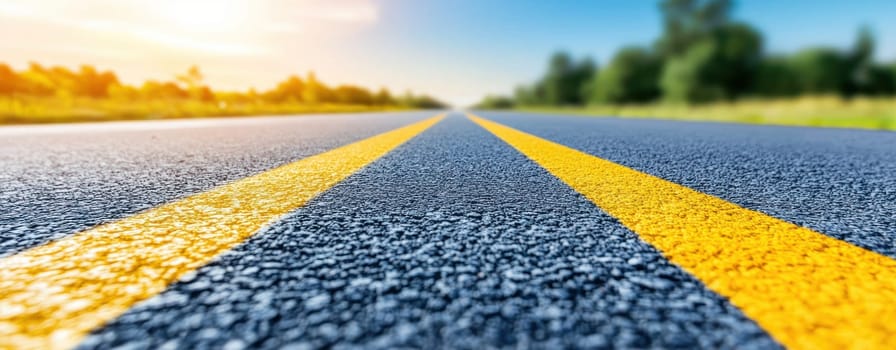 long road stretches into horizon, surrounded by vibrant greenery.