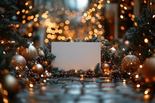 festive Christmas scene featuring blank white menu surrounded by decorative pine branches, golden ornaments, and twinkling lights, creating warm and inviting atmosphere.