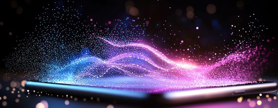Digital art showcasing vibrant particles emanating from tablet screen, creating mesmerizing effect.