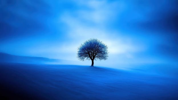 solitary tree stands in misty blue field under cloudy sky, evoking tranquility.