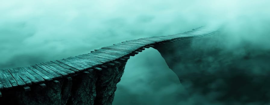 narrow suspended bridge stretches over fog covered chasm, evoking mystery.