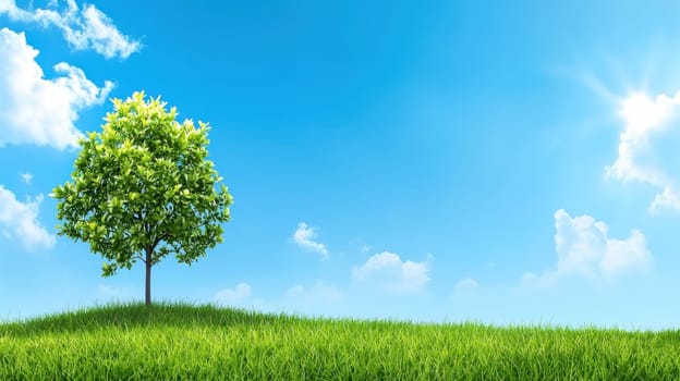 vibrant green tree stands on grassy hill under bright blue sky.