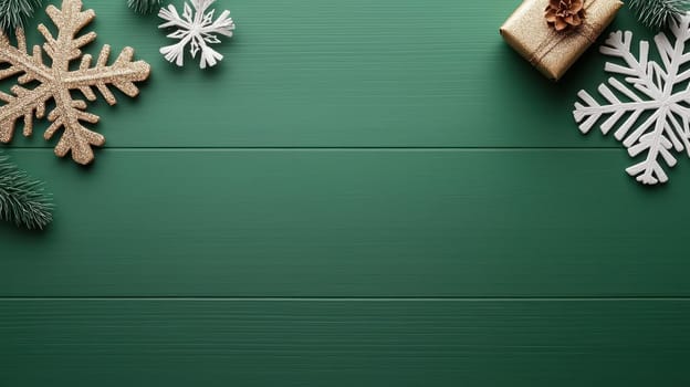 Minimalistic snowflakes in gold and white on green background evoke festive spirit.