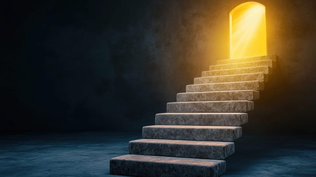 modern staircase leads to glowing open door, symbolizing hope.