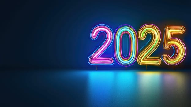 Bright and colorful neon lights display year 2025, creating festive atmosphere.