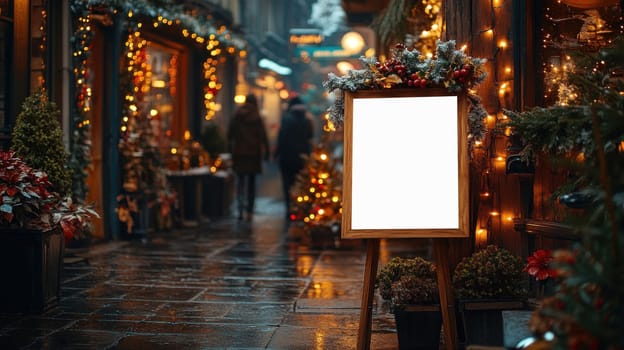 stylish blank menu board stands in festive Christmas shopping street, surrounded by twinkling lights and vibrant decorations, creating warm holiday atmosphere.