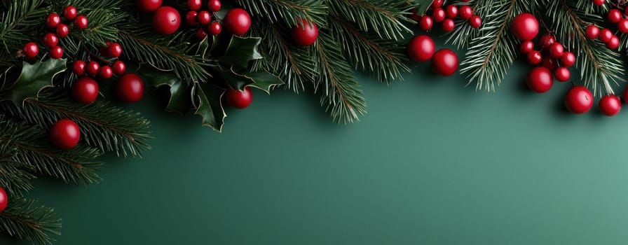 Festive pine branches with red berries and ornaments on green background.