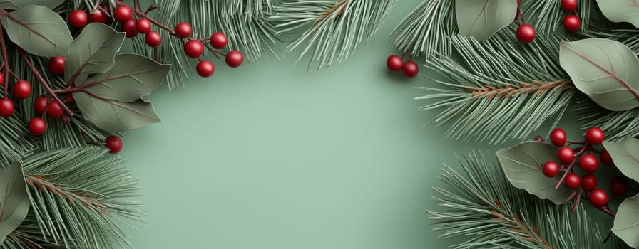 festive arrangement of pine branches and red berries on green background.