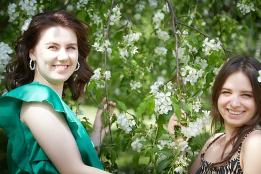 Portrait of happy girls in the park in summer. Female friends together. Young women pose in sunny park during summer, enjoying time outdoors