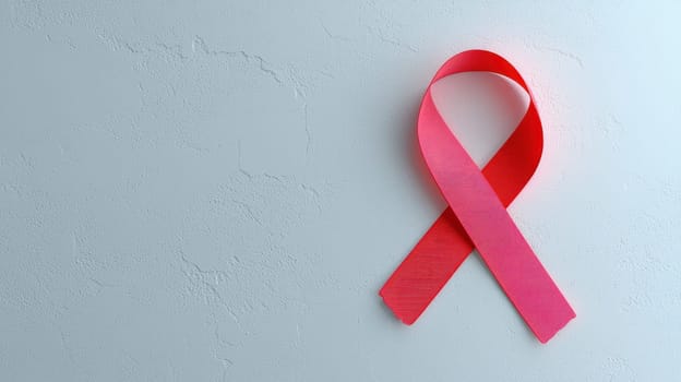 Red ribbon symbolizing awareness and support for health issues, prominently displayed on textured background. This evokes sense of solidarity and hope.