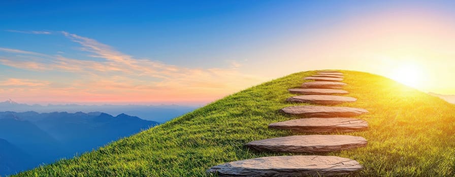 scenic mountain trail with stone steps leading to beautiful sunset.