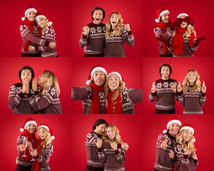 A cheerful couple wears matching sweaters and Santa hats while playfully posing against a vibrant red backdrop. Their expressions show joy as they share festive moments during the holiday season.