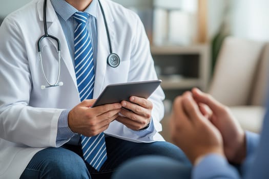 A professional physician in a white medical uniform talks to discuss results or symptoms and gives a recommendation to a male patient and signs a medical paper at an appointment visit in the clinic. High quality illustration