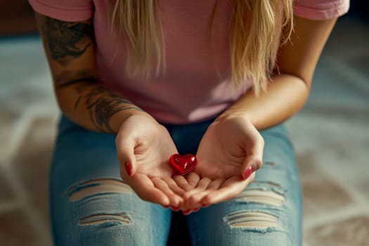 young tattoo woman's hands in pink shirt cradling a floating red 3D heart symbol..