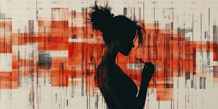 Woman is posing with her head turned sideways holding a makeup brush in front of an abstract red and white background