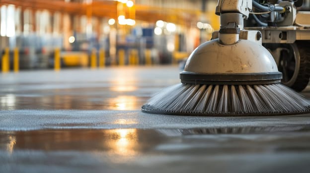 An industrial floor cleaner cleaning the concrete surface at a commercial warehouse. High quality illustration