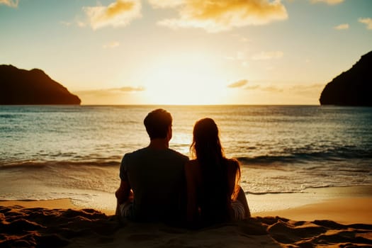 Happy young couple sitting together on beach. watching the glowing sunset over the horizon, sharing a moment of tranquility and connection. High quality illustration