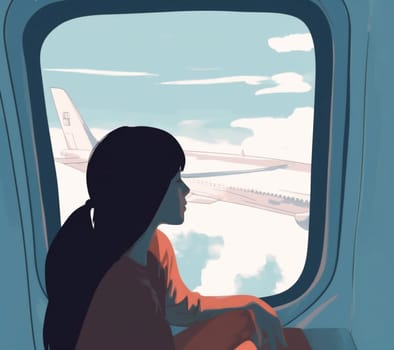 travel woman plane illustration passenger airline flight transportation female tourist porthole journey airplane seat fly character sleep window trip vacation sitting. Generative AI.