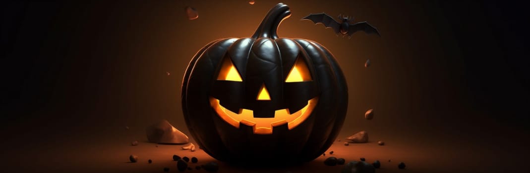 glowing spooky pumpkin night horror forest candle bat table sky jack blue background tree halloween moon wood lantern autumn fear mystery. Generative AI.