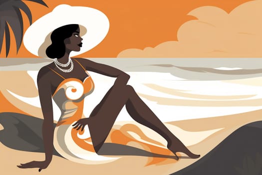hat woman sand hair graphic american swim beautiful african black concept tropical beach illustration vacation tanned female beige young design cartoon summer. Generative AI.