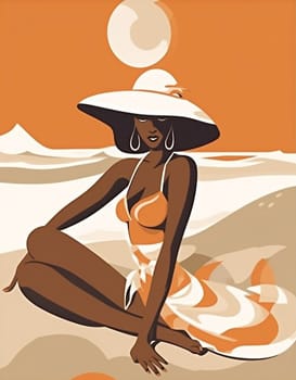 relax woman beige poster tanned fashion hat concept summer retro young beach vacation design beauty female african black american water swim sand. Generative AI.