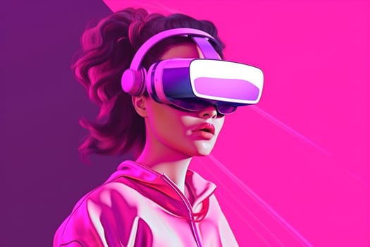 woman innovation game young vr glasses smart internet digital render fly headset gadget 3d yoga virtual reality sport cyberspace three-dimensional neon lifestyle. Generative AI.