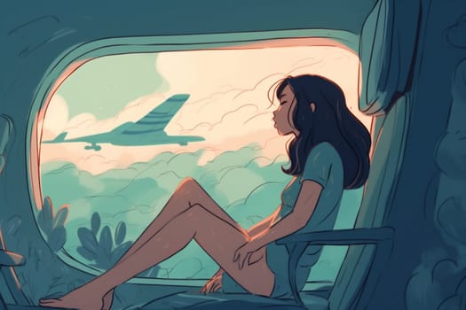 aircraft woman window aeroplane flight airplane cartoon seat sitting passenger departure business character transportation vacation happy journey plane traveler person trip. Generative AI.