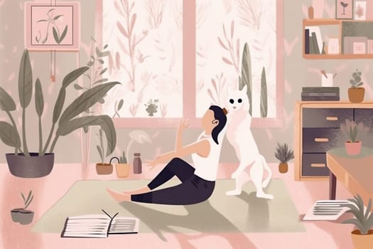 puppy dog woman lifestyle relaxation relax exercising cartoon exercise illustration fitness sport training activity yoga body cat stretching home indoor female. Generative AI.