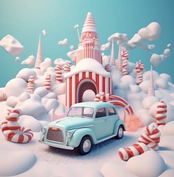 merry holiday december christmas house snow gingerbread year cane gift present festive card delivery white candy greeting retro toy car winter. Generative AI.