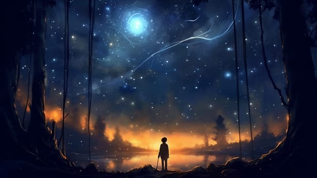 bright summer kid background nature dark sky child girl star starry astronomy night universe light space love boy looking galaxy. Generative AI.