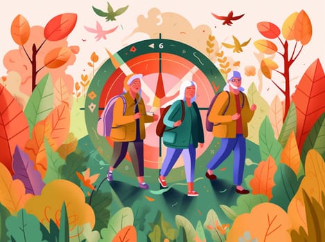 woman senior person road illustration run outdoors love happy pensioner activity trekking elderly active old hiking grandfather walking couple hike. Generative AI.